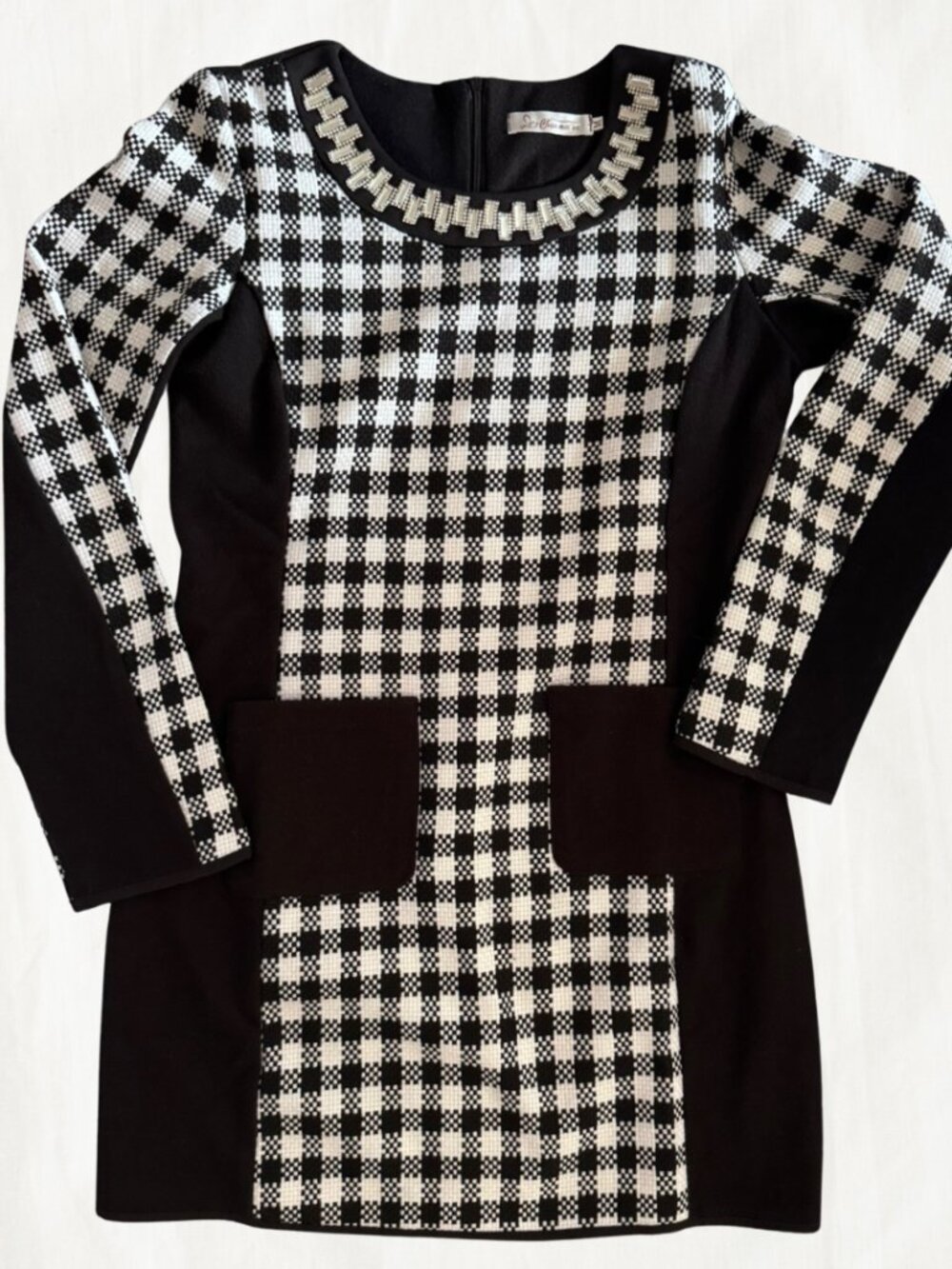 Chun Mei Na Checkered Dress with Jewel Neckline, Front Pockets